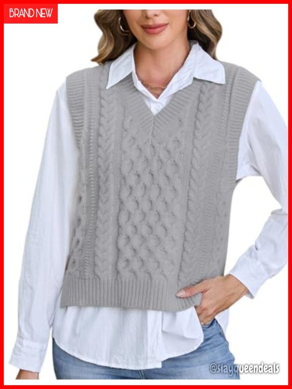 Women's V Neck Cable Knit Sweater Vest Sleeveless Pullover Top